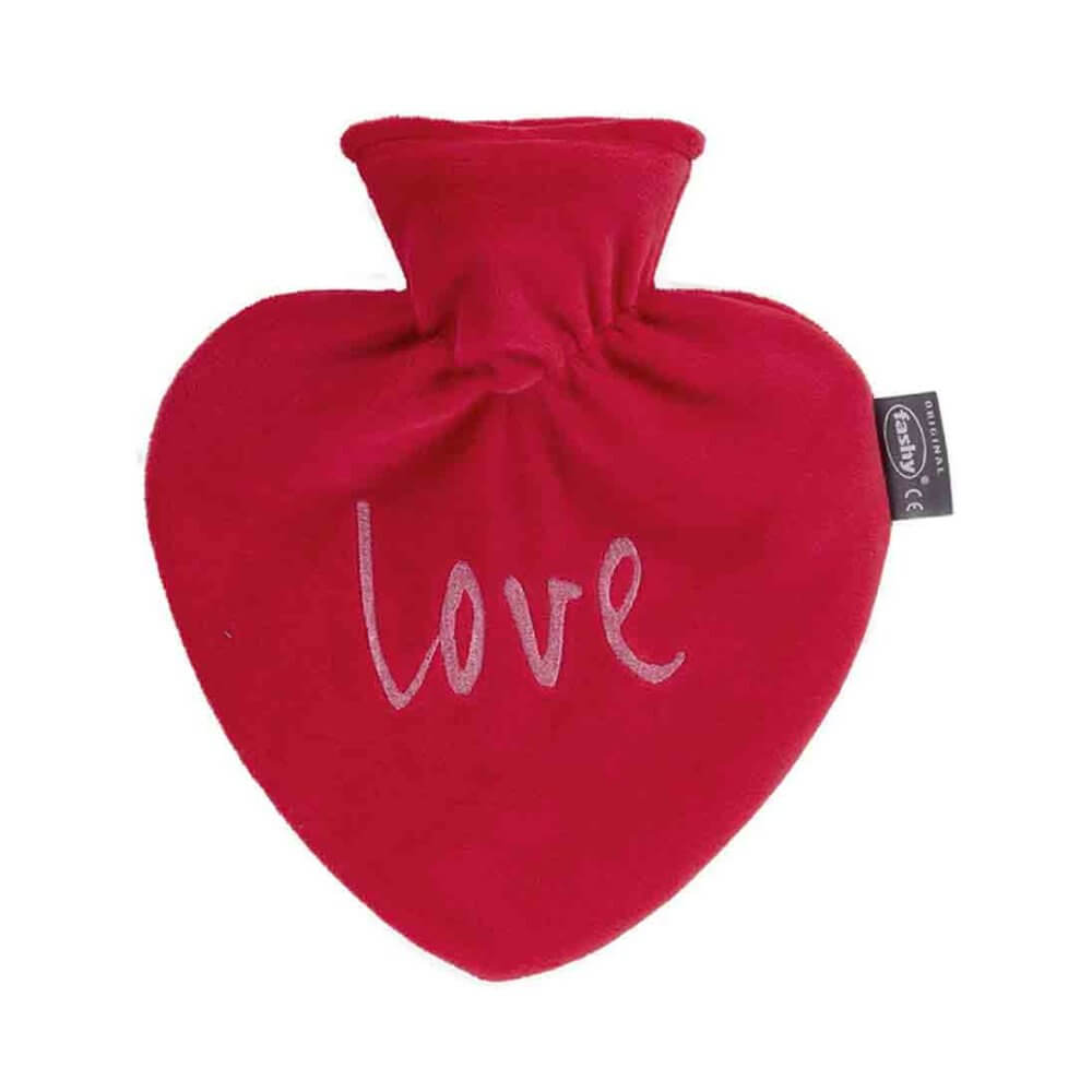 Värmeflaska i hjärtformat fodral med kärleksmotiv