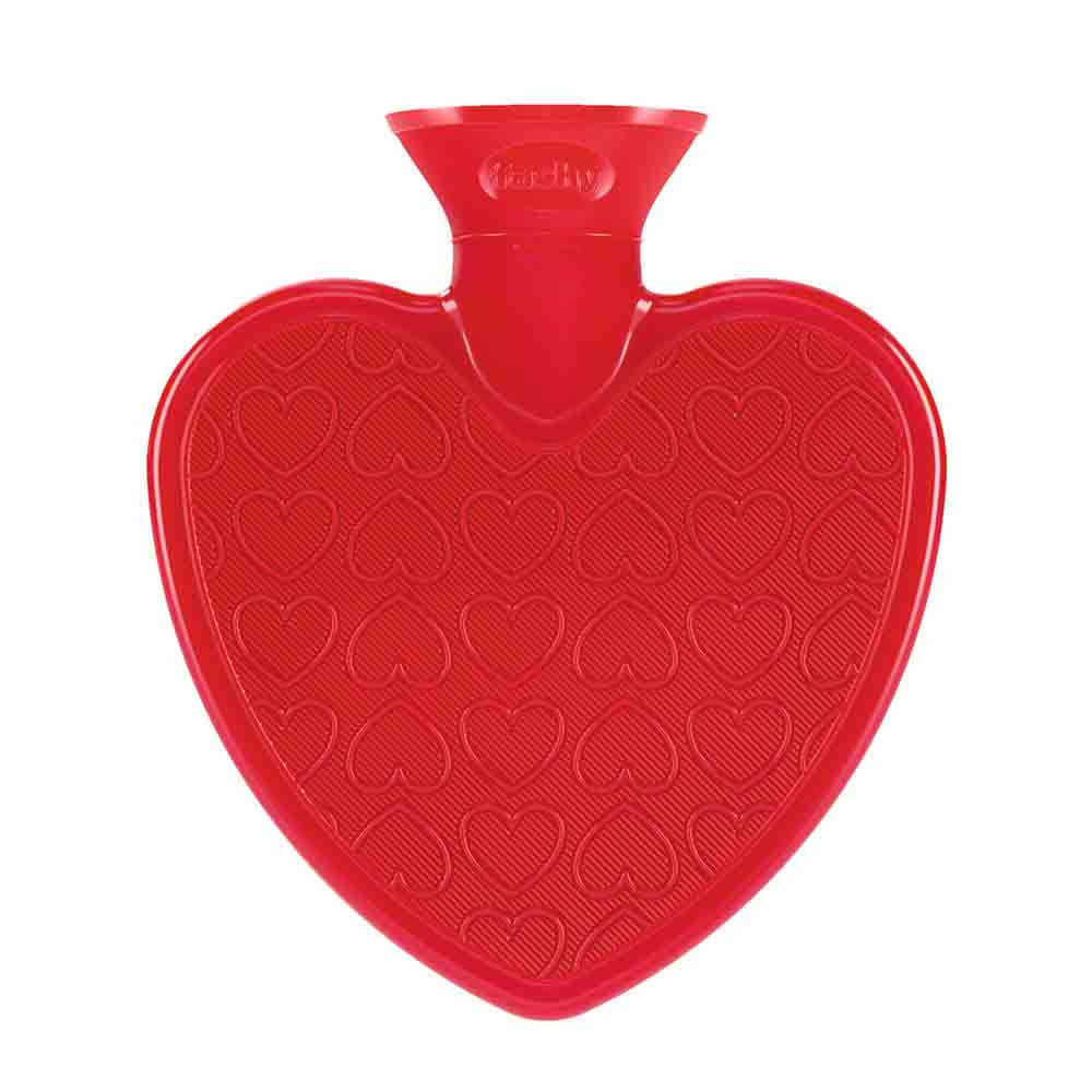 Värmeflaska i röd nyans formad som ett hjärta