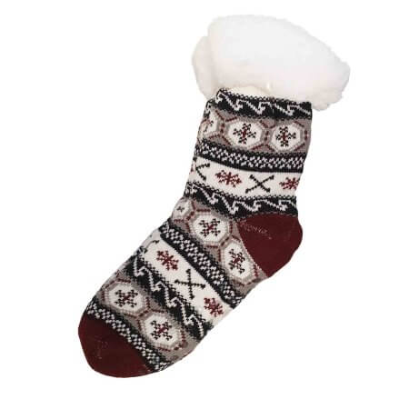 Strumpor i rött vintermotiv med päls och halkskydd