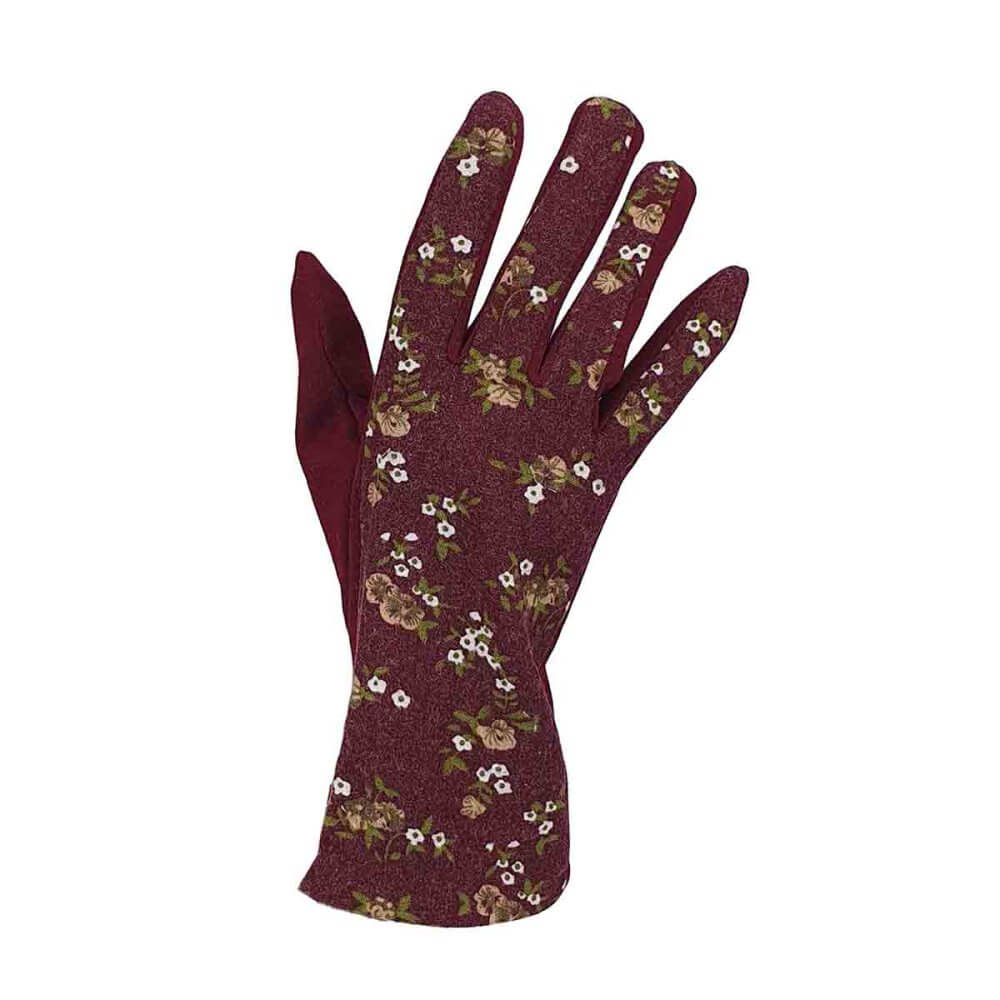 Handskar i vinröd nyans med blomstermönster