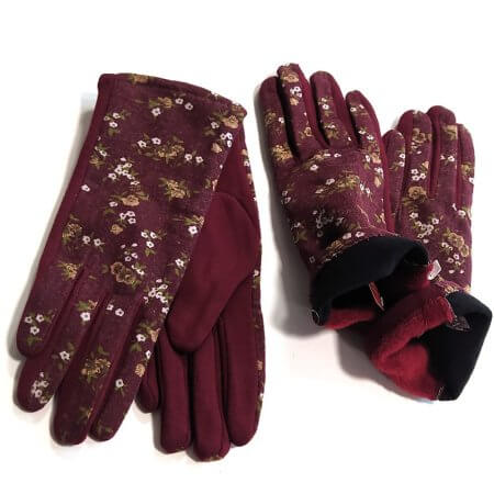 Handskar i vinröd nyans med blomstermönster