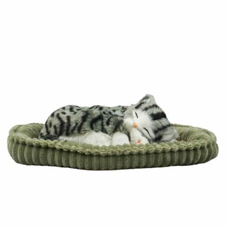sovande gosedjur grå tabby katt i kattsäng från sidan