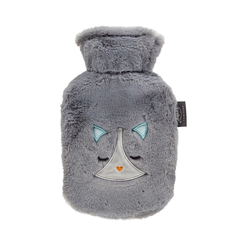 FASHY värmeflaska Sleepy Cat, 0,7 liter, grå med kattmotiv